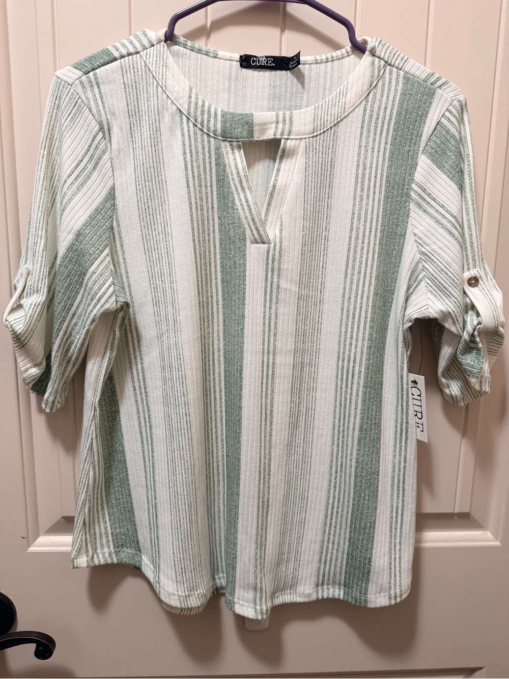 CURE Striped Green & White V-Notch Roll-Sleeve Blouse